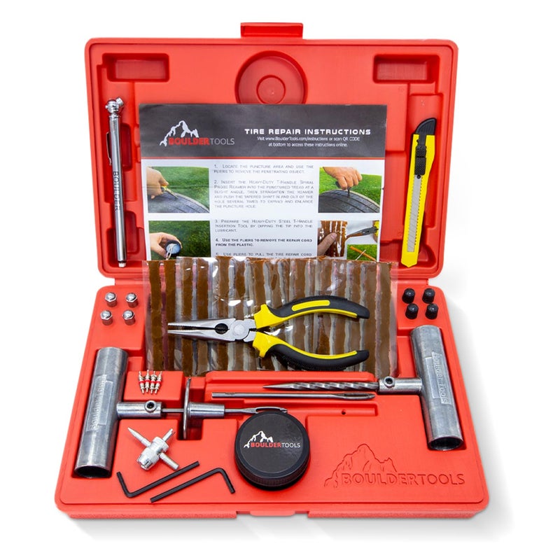 Boulder Tools Tire Repair Kit by Boulder Tools - Heavy Duty Plug Kit for Cars, Trucks, Motorcycles, ATVs - Complete Flat Fix Automotive Tools Set with Storage Case, Valve Tool, Pliers, and Repair Plugs - Image 1